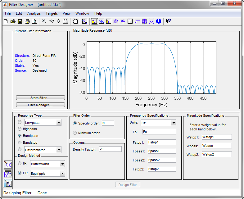 Bandpass filter design and visualization using Filter Designer App