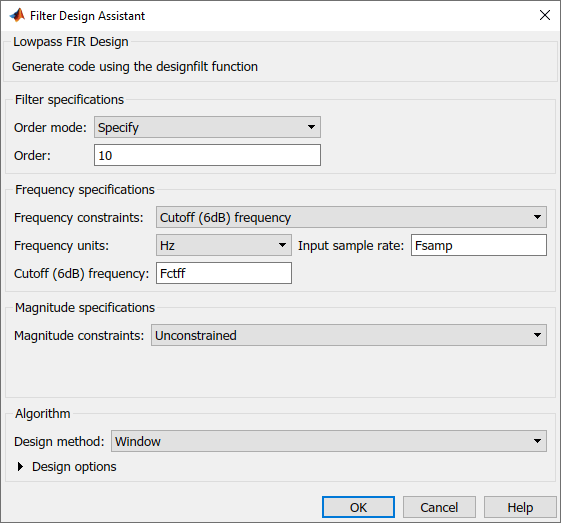 Filter Design Assistant dialog box for lowpass FIR design