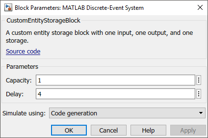 Block Parameters dialog box of the MATLAB Discrete-Event System showing Capacity as 1 and Delay as 4.