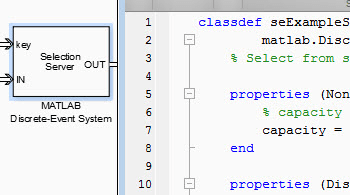 MATLAB Discrete-Event System block with graphical snippet of contained code.