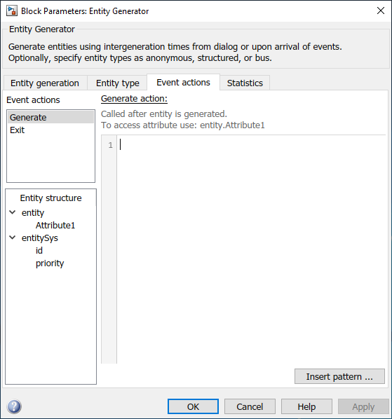 Entity Generator block window