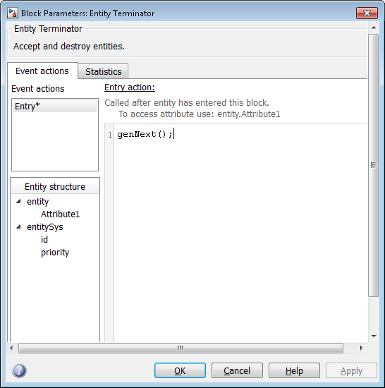 Entity Terminator block window. genNext function is used as the entry action