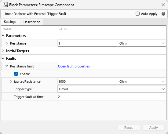 Block dialog box with fault-related parameters in the Faults section