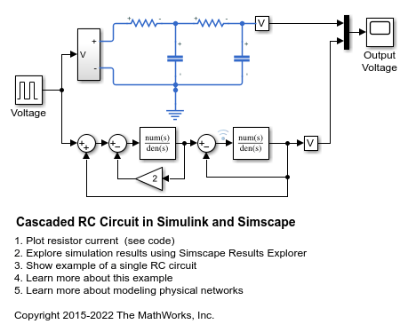 Circuito de resistencia-condensador capacidad en cascada en Simulink y Simscape