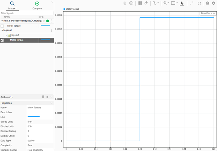 Torque data from logsout workspace variable shows a step change.