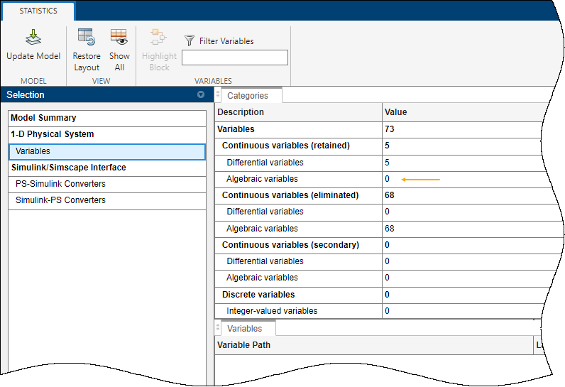 Variables pane of the Statistics Viewer tool showing 0 in the Algebraic variables row.
