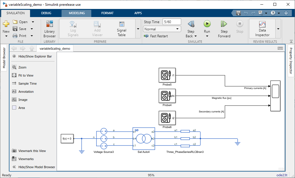 A three-phase circuit model with probes connected to a Source block for Primary currents, Magnetic flux, and Secondary currents.