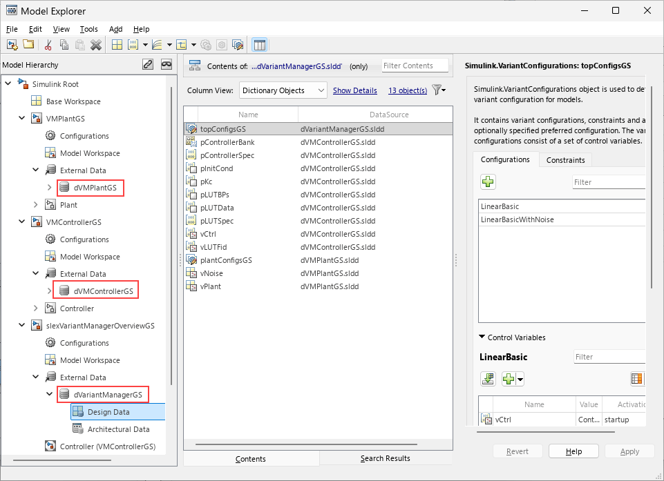 Model explorer shows the models and the data dictionaries the models use.