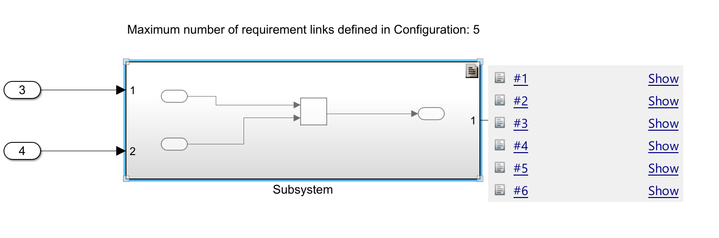 Simulink subsystem with requirement links exceeding the default limit of 5