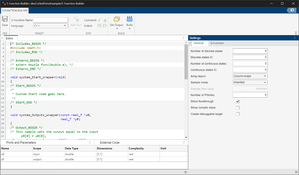 empty editor of the S-Function Builder