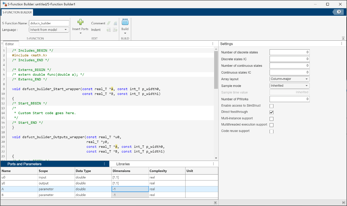 S-Function Builder editor with name, ports, states and parameters