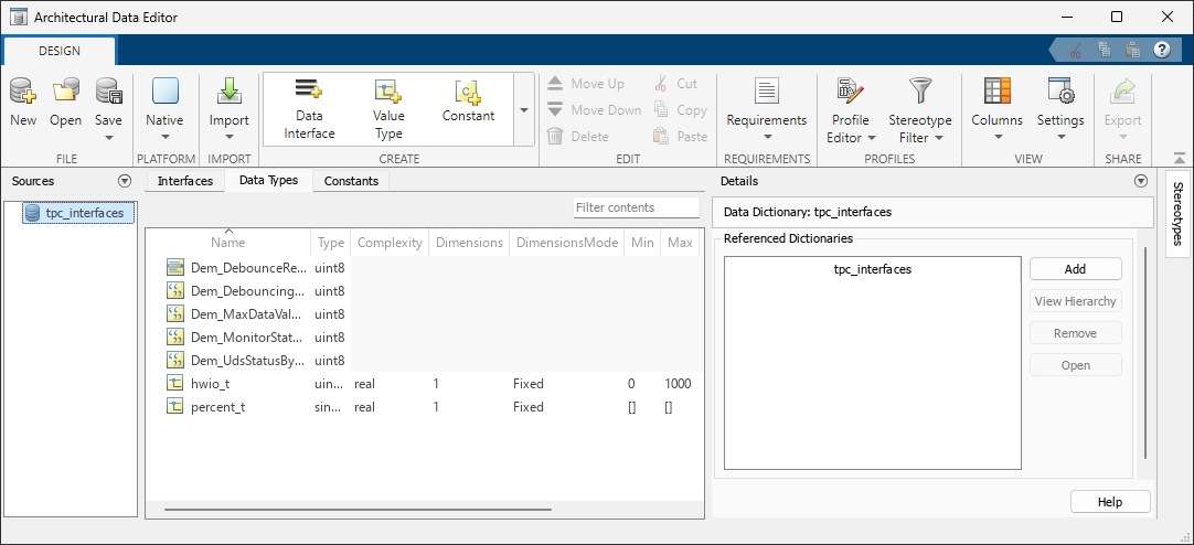 Interfaces tab of the Architectural Data Editor.