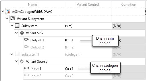 Model with a Variant Subsystem block in simcodegen mode