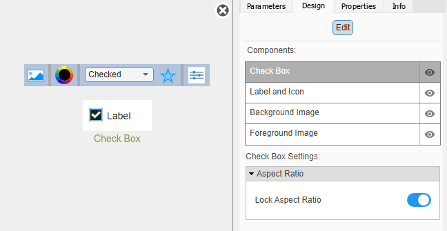 Customizable Check Box block in design mode with the toolbar and the Design tab in the Property Inspector visible.