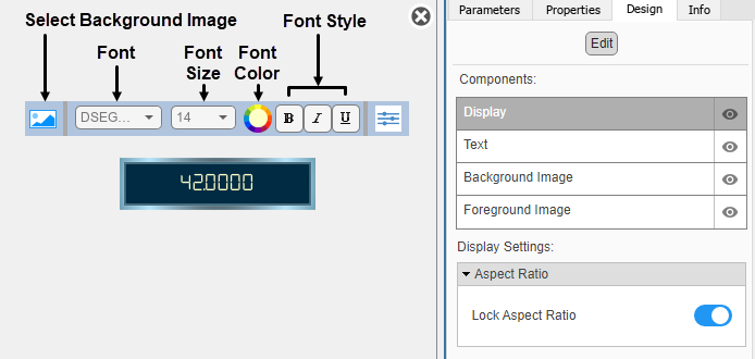 Customizable Display block in design mode with the toolbar and the Design tab in the Property Inspector visible.