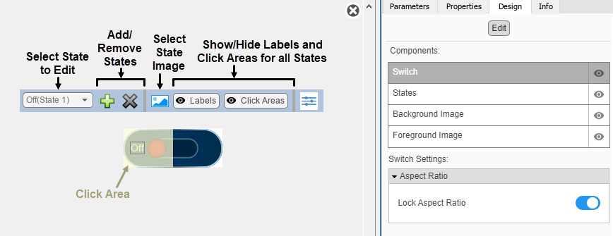 Customizable Slider Switch block in design mode with the toolbar and the Design tab in the Property Inspector visible.