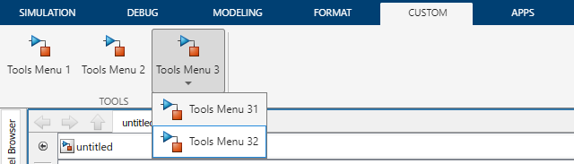 Custom toolstrip tab generated by converting the toolbar menu, consisting of a single tab labeled TOOLS, with two push buttons and one drop-down button