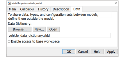 Model Properties window for the vehicle_model variable with the file name text field filled in with the name vehicle_data_dictionary.sldd