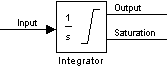 An Integrator block configured to limit the output and show the saturation port. The block has two output signals: the first is labeled Output and the second is labeled Saturation.