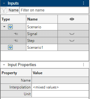 Selected signals with mixed values displayed for interpolation property