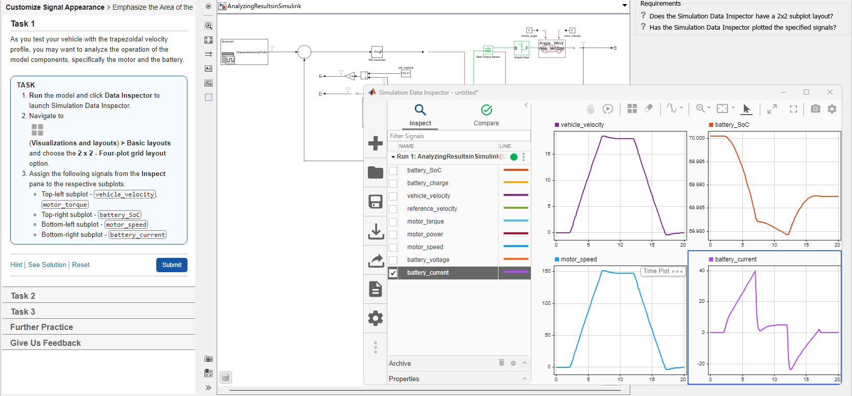 Analyzing Results in Simulink describes the task, displays an interactive model, and assesses whether the model matches the requirements set by the training.