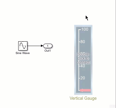 An unconnected Vertical Gauge block connects to the signal that a Sine Wave block sends to an Outport block.