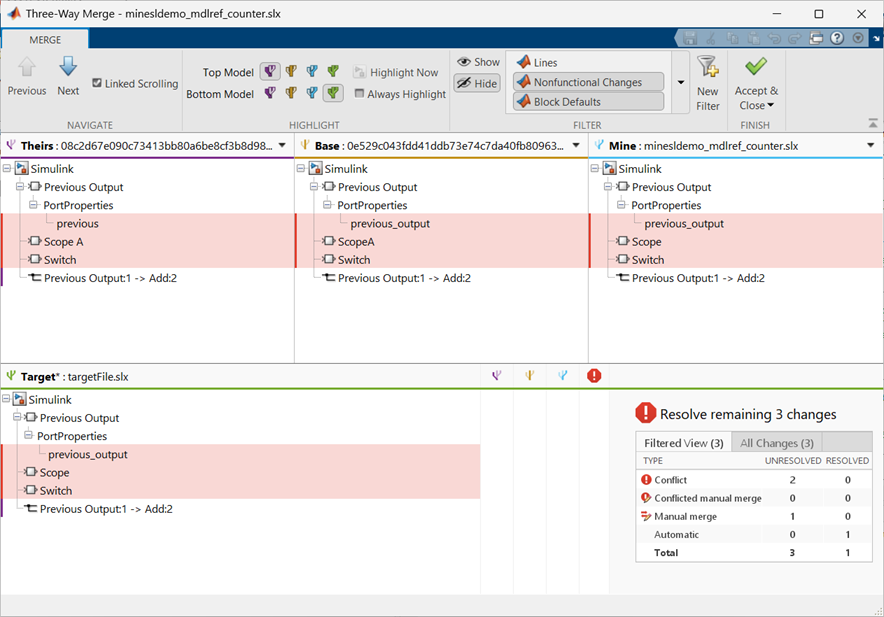 Three-Way Merge report with three panes on top (Theirs, Base, Mine) and a target pane and summary table below