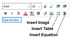 The formatting toolbar is above the annotation text. The Insert Image, Insert Table, and Insert Equation buttons are labeled.