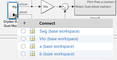 Connection options in Simulink for a block that uses four variables