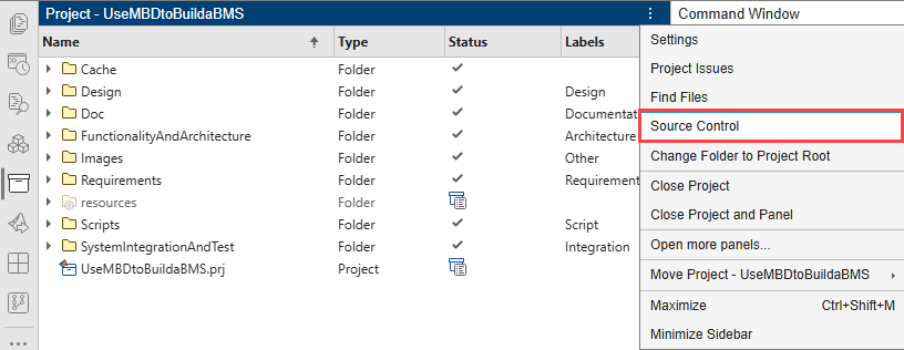 The Project pane open on the left with the context menu on the right. A red rectangle is highlighting the Source Control option in the context menu.