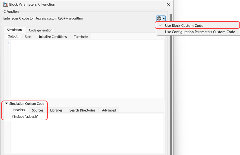 Specify custom header file locally in C Function block parameters dialog box. The following text is entered in the field: #include "adder.h".