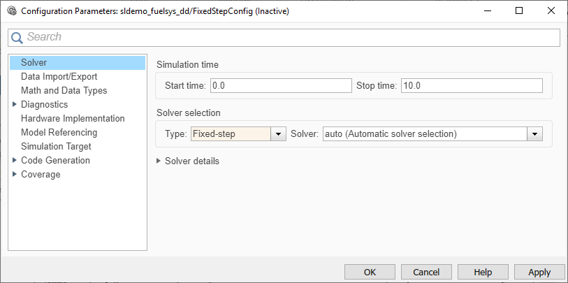 Configuration parameters dialog box showing the solver pane. The solver selection type is changed to fixed-step.