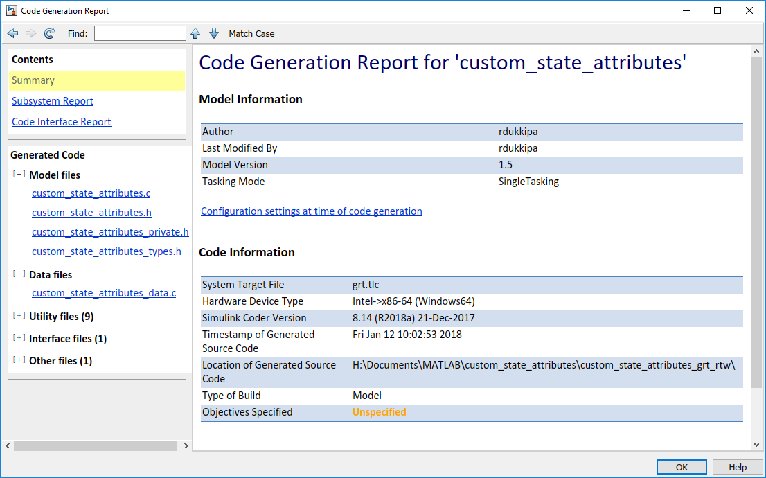 A Code Generation Report. On the left is a Contents pane with links to each section of the report, and a Generated Files section with links to each source code file. The pane on the right displays the report. The report is open to the Summary page.