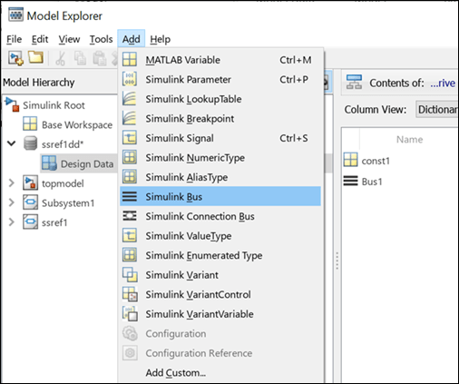 View of Model Explorer. On the left, a data dictionary node is expanded in the Model Hierarchy pane. On the right, the Contents pane displays the two objects contained in the Design Data section of the dictionary. More objects can be added from the Add tab.