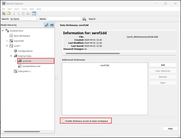 View of Model Explorer. On the right, information for data dictionary is displayed. User can select 'Enable dictionary access to base workspace'.