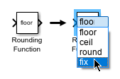 On the left is a Rounding Function block, and on the right is a Rounding Function block with the drop-down list of Function values expanded. The options are floor, ceil, round, and fix.