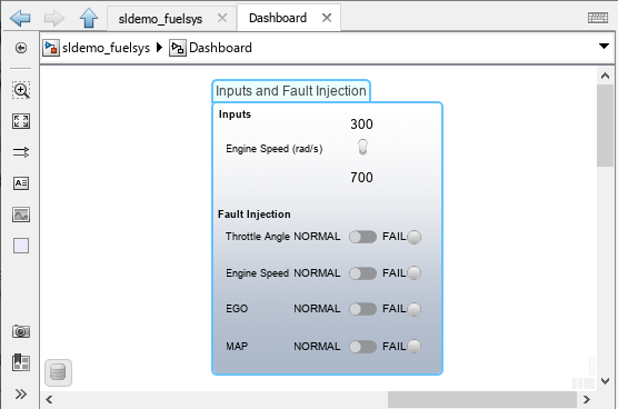 The model window shows the full Inputs and Fault Injection panel. The panel size is reduced to allow it to fit within the bounds of the canvas.