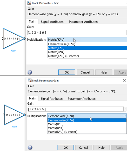 Two Gain block icon variations based on selection of the Multiplication parameter