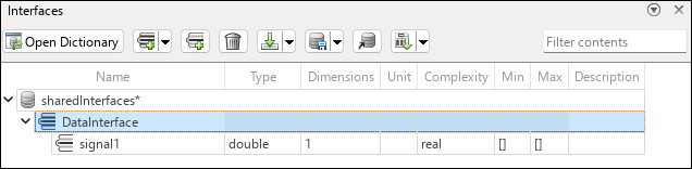 The Interface Editor selects and highlights a data interface in blue. From the toolstrip, the cursor is hovering over the Add element to selected interface button.