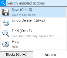 Quick insert menu open to the Actions tab displaying a list of commonly used actions