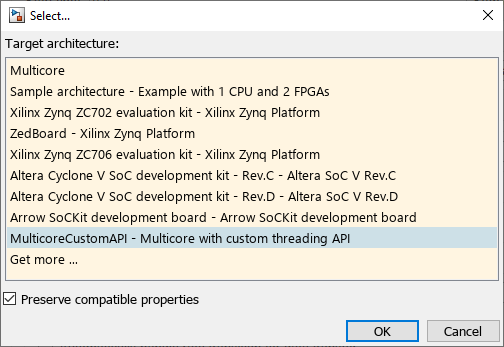 Concurrent execution target architecture selection window with 'MulticoreCustomAPI' selected as the target architecture.