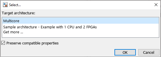 Concurrent execution target architecture selection window with 'Multicore' selected as the target architecture.