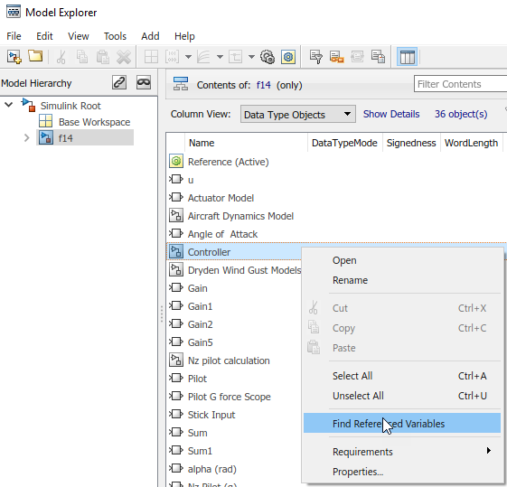 View of Model Explorer. In the Contents pane, the context menu for the Controller block is displayed with the Find Referenced Variable menu item selected.