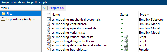 Project that contains a subsystem file, three model files, three scripts, and a function