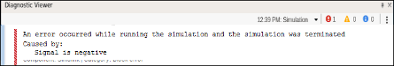 Diagnostic Viewer displaying this error message: "An error occurred while running the simulation and the simulation was terminated caused by: Signal is negative."
