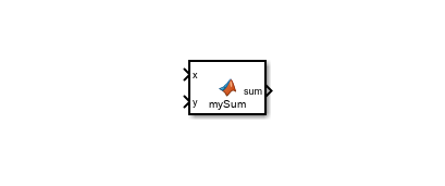 A MATLAB Function block with two input ports, and one output port. The input port is labeled x and y, and the output port is labeled sum.