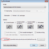 Print Model dialog box, with the Frame check box checked, and its location on the dialog box circled