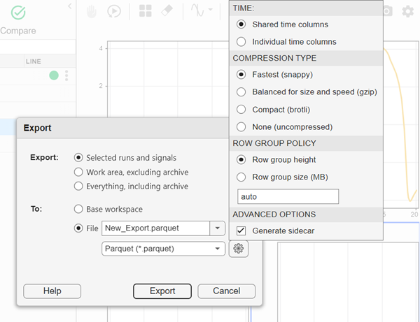 Export dialog box with export options menu displayed