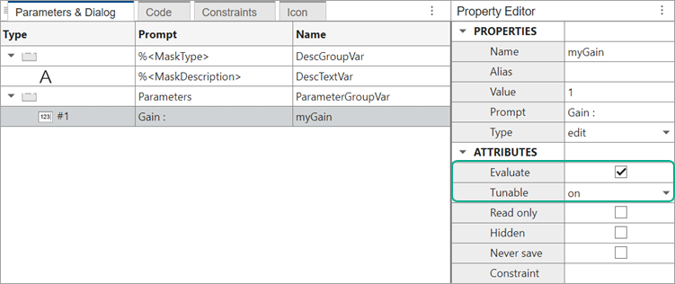 Mask Editor dialog. "Evaluate" and "Tunable" attributes are highlighted.