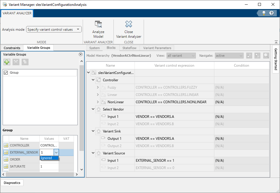 Variant Analyzer window with Specify variant control values selected and a new variable group added. The variant control variables are shown.